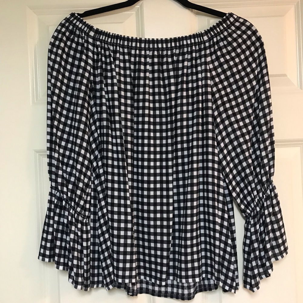 Sanctuary shirt, black + white check. Off shoulder